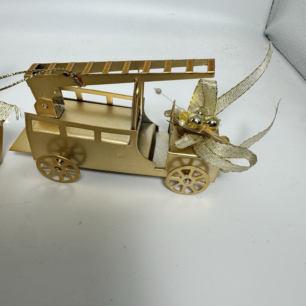 Vintage Gold Toned Metal Christmas Ornaments Featuring A Fire Truck And Boat - Picture 14 of 16